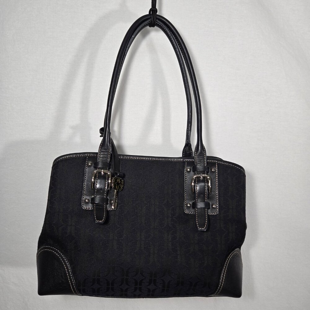 Vintage Y2K FOSSIL Dark-Academia BLACK Signature Canva Leather Trim Shoulder Bag